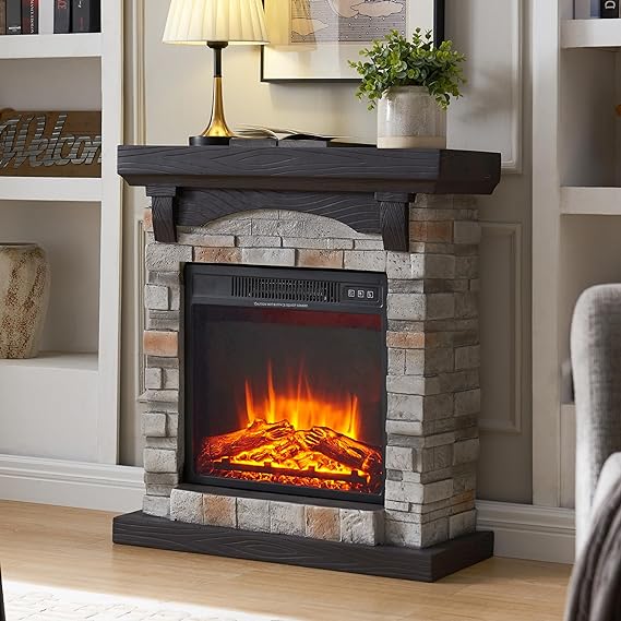 Electric Fireplace with Mantel, 40”W Faux-Stone Fireplace Mantel