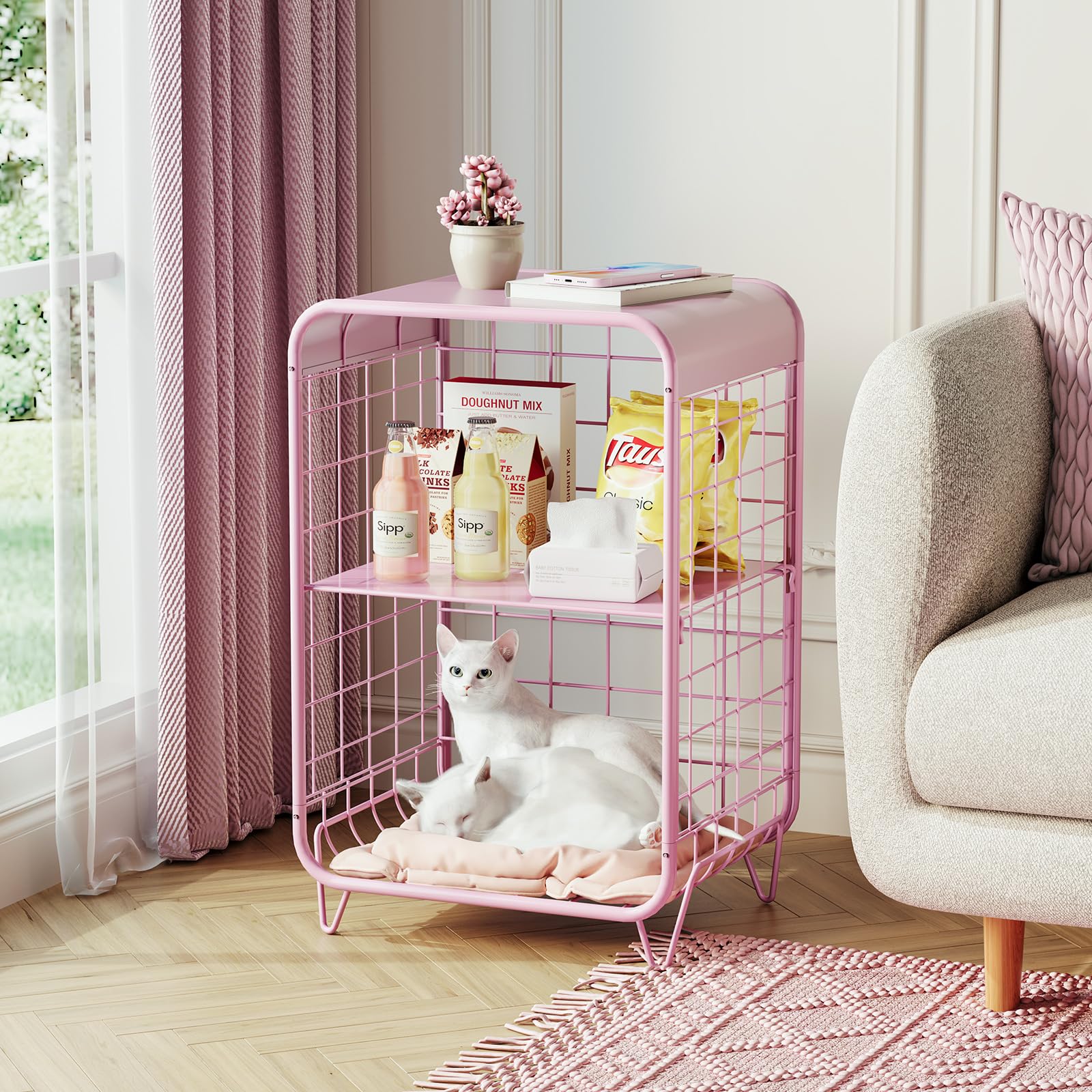 Cute Pink Nightstand,Metal Side Table,3 Tier End Table with Storage,Vintage Bedside Table,Girls