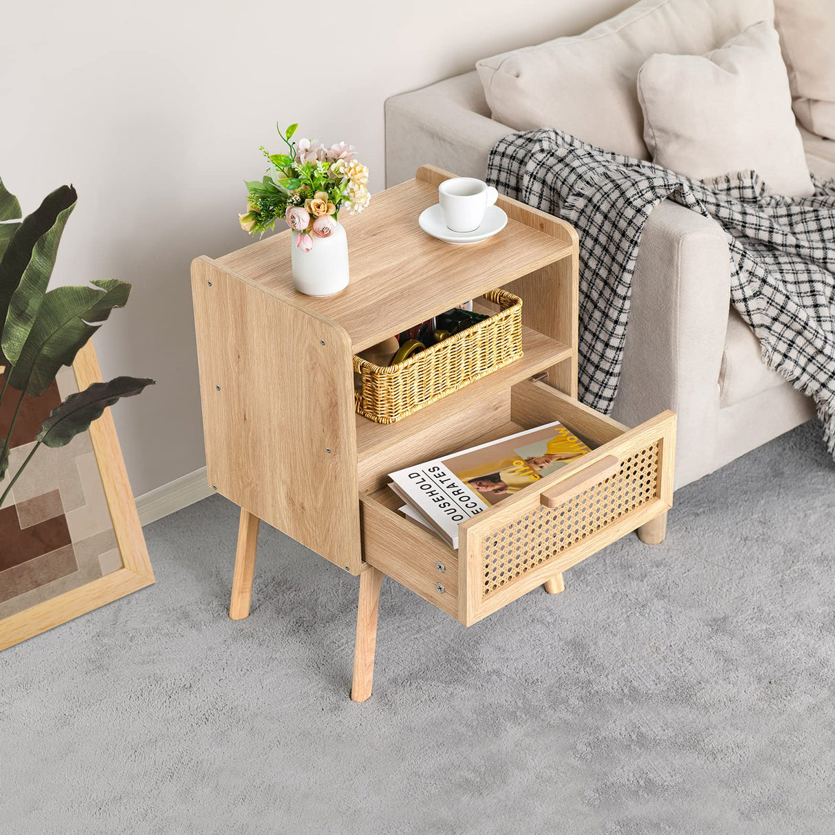 Rattan Nightstand, Boho Side Table with Drawer Open Shelf, Cane Accent Bedside End Table with Solid