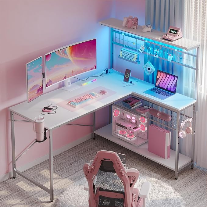 51 L Shaped Gaming Desk with Power Outlets, LED Workstation with 4 Tiers Shelves for Home Office