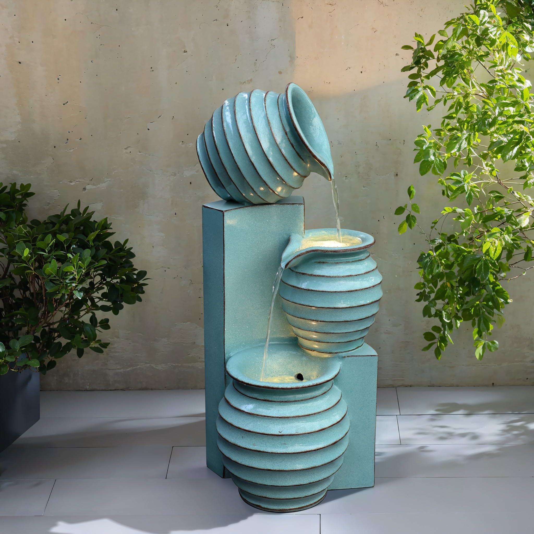 30" Tall Aqua Blue Outdoor Water Fountain with LED Lights, Cascading Resin Garden