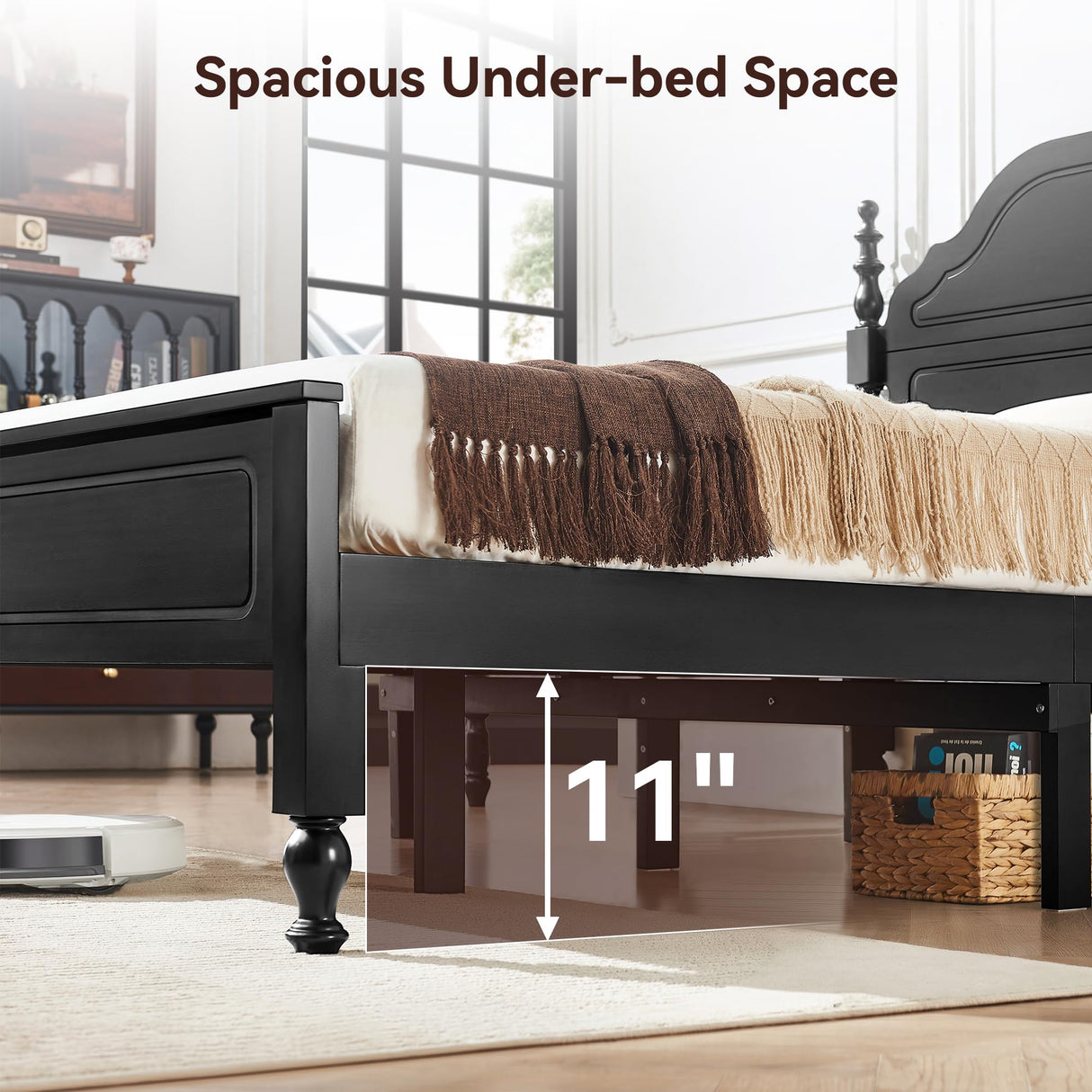 Solid Wood Queen Bed Frame with Headboard - Heavy Duty Platform Bed, No Box Spring Needed