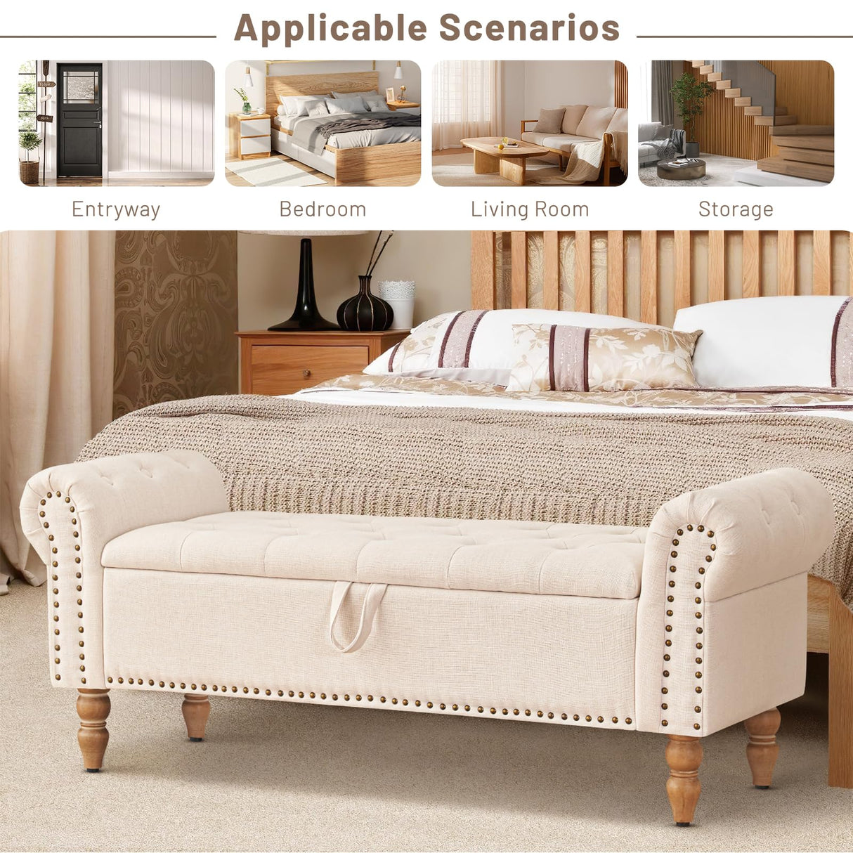 51” Storage Bench, End of Bed Bench with Button-Tufted Large Upholstered Storage Ottoman Linen Window Bench with Storage Shoe Cabinet Bench, for Bedroom, Entryway, Closet, Beige