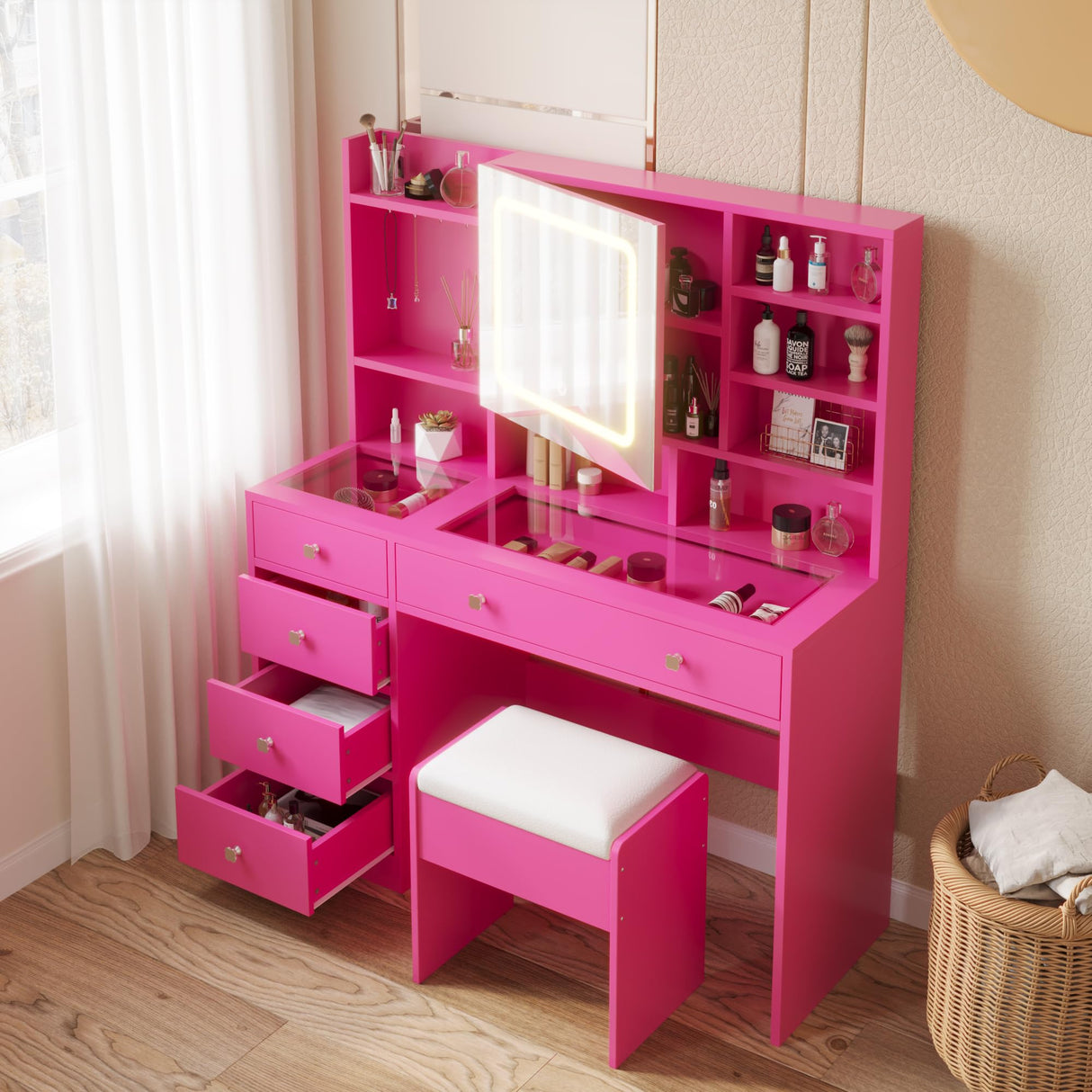 Vanity with Lighted Mirror Bedroom Vanity Desk with Charging Station Large Vanity Set with Transparent Desk, Drawers, Cabinet, Shelves for Storage in Bedroom, Pink