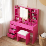 Vanity with Lighted Mirror Bedroom Vanity Desk with Charging Station Large Vanity Set with Transparent Desk, Drawers, Cabinet, Shelves for Storage in Bedroom, Pink