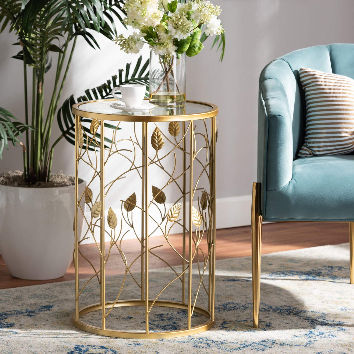 Baxton Studio Anaya Modern and Contemporary Glam Brushed Gold Finished Metal and Glass Leaf Accent End Table - Bircata