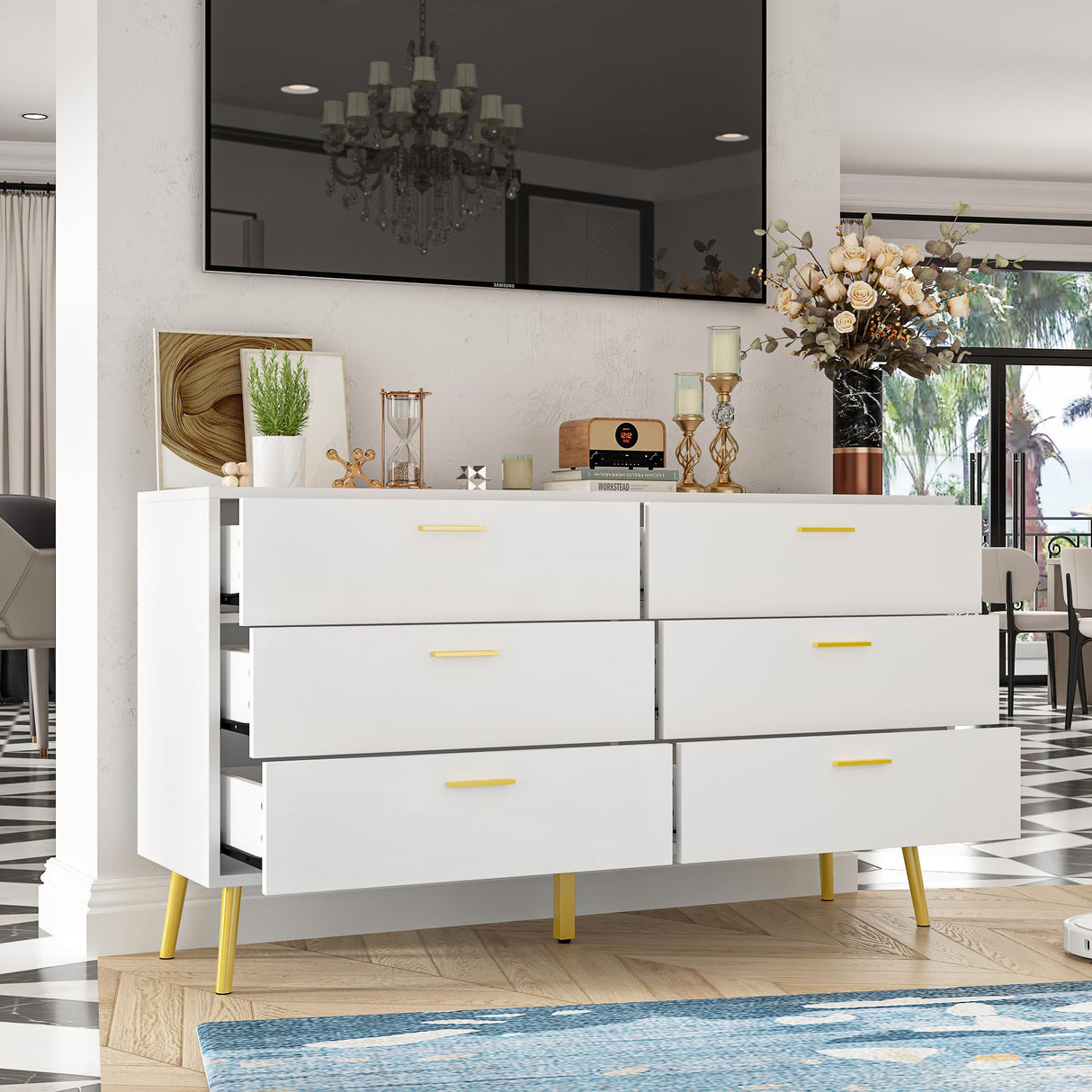 Homsee 6 Drawer Double Dresser Storage Chest of Drawers, Wood Dresser Chest with Gold Metal Legs for Bedroom, Living Room & Hallway, White (54”L x 15.6”W x 30.1”H)