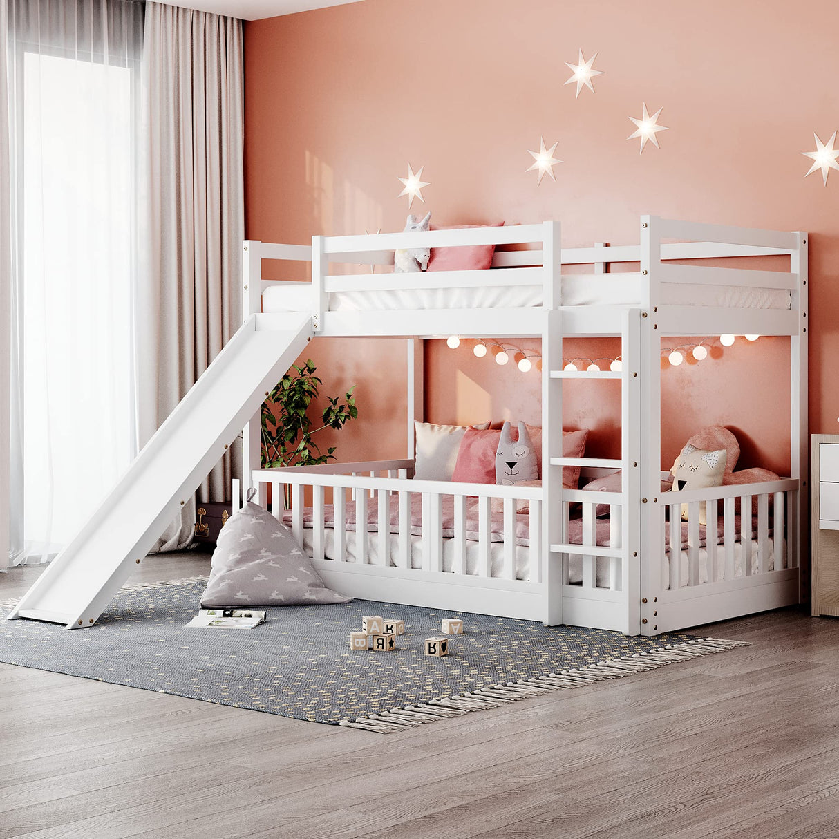 Toddler Floor Bed with Fence, Low Bunk Bed Twin Over Twin for Boys Girls, Wood Bed