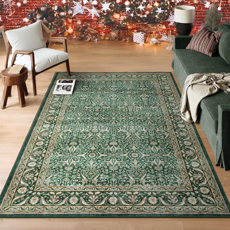 Green 5x7 Washable Area Rug Christmas Rug, Low Pile Vintage Rug for Bedroom