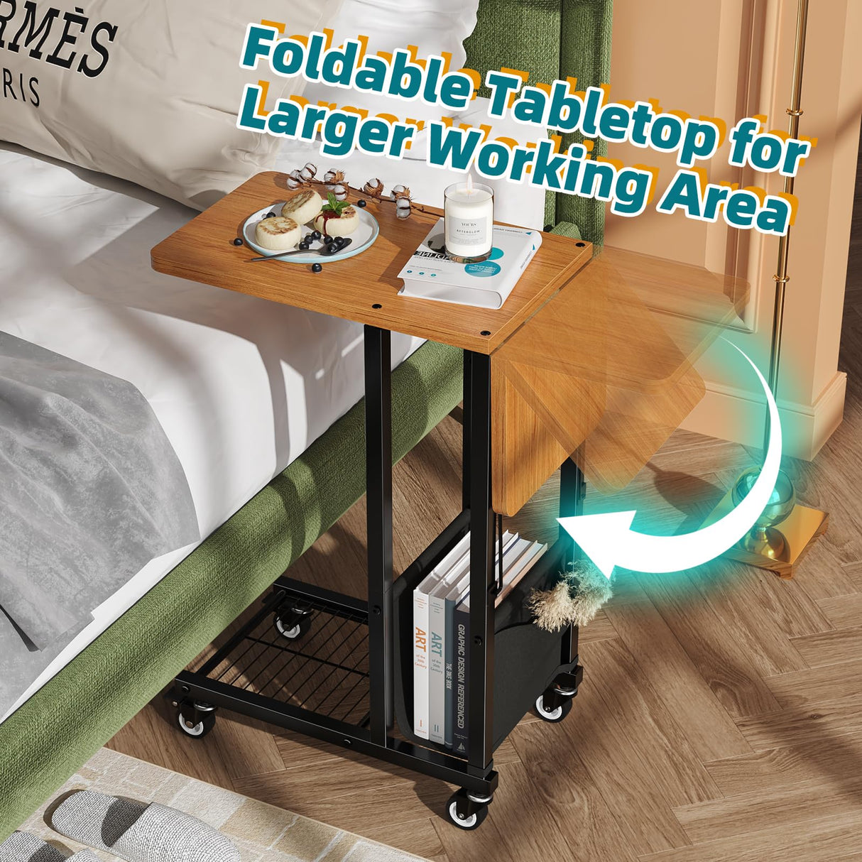 Side Table, C-Shape Folding Table with Wheels, Laptop Tray Table