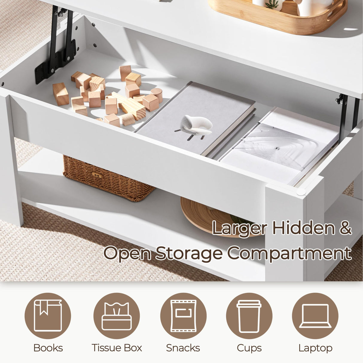 Lift Top Coffee Table w/Hidden Storage Compartment and Storage Shelf - Lift Tabletop