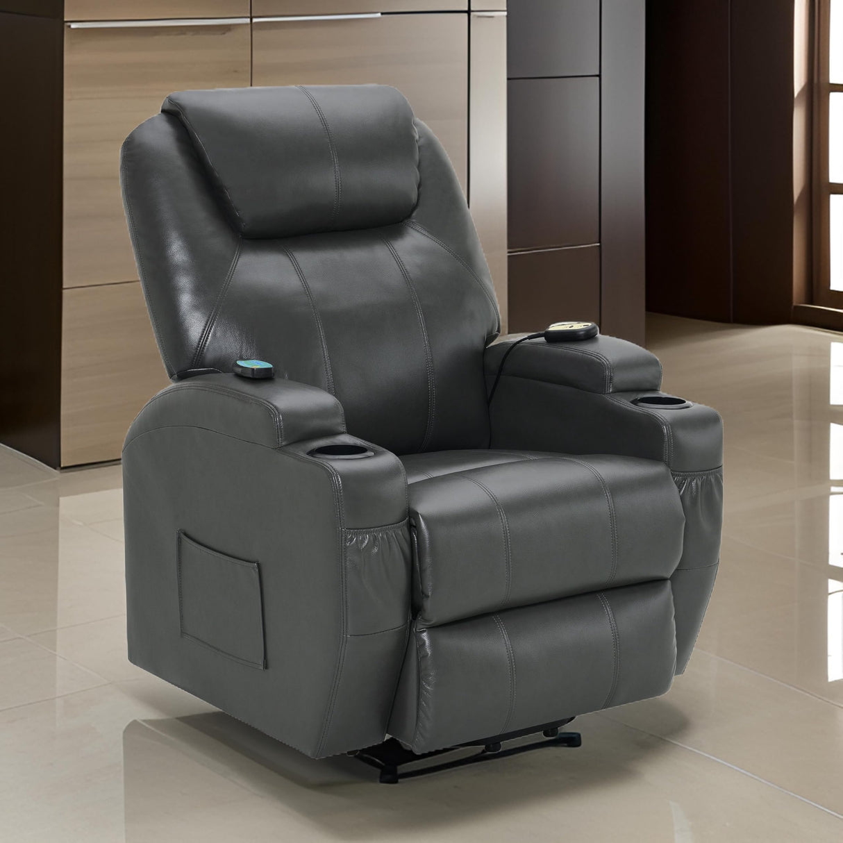 Benjara Sania Power Lift Recliner Chair, Gray Faux Leather, Cup Holders, Massage