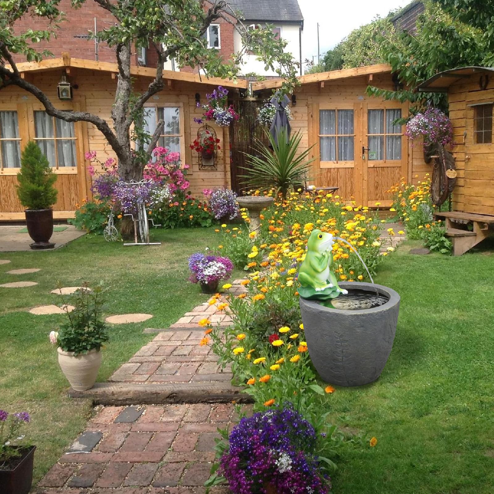 Frog Garden Waterfall Fountain Statue - 25" Outdoor Zen Garden Decor with LED Lights