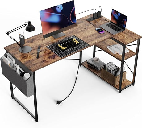 Small Computer Desk with Power Outlets, 40 Inch L Shaped Desk with Reversible Shelves