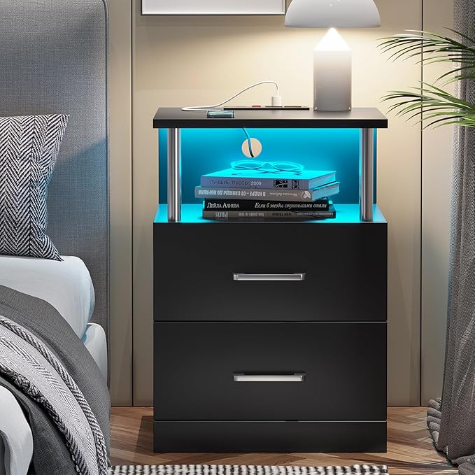 Nightstand with Charging Station and LED Lights, Nightstands Set of 2, Bedside Table