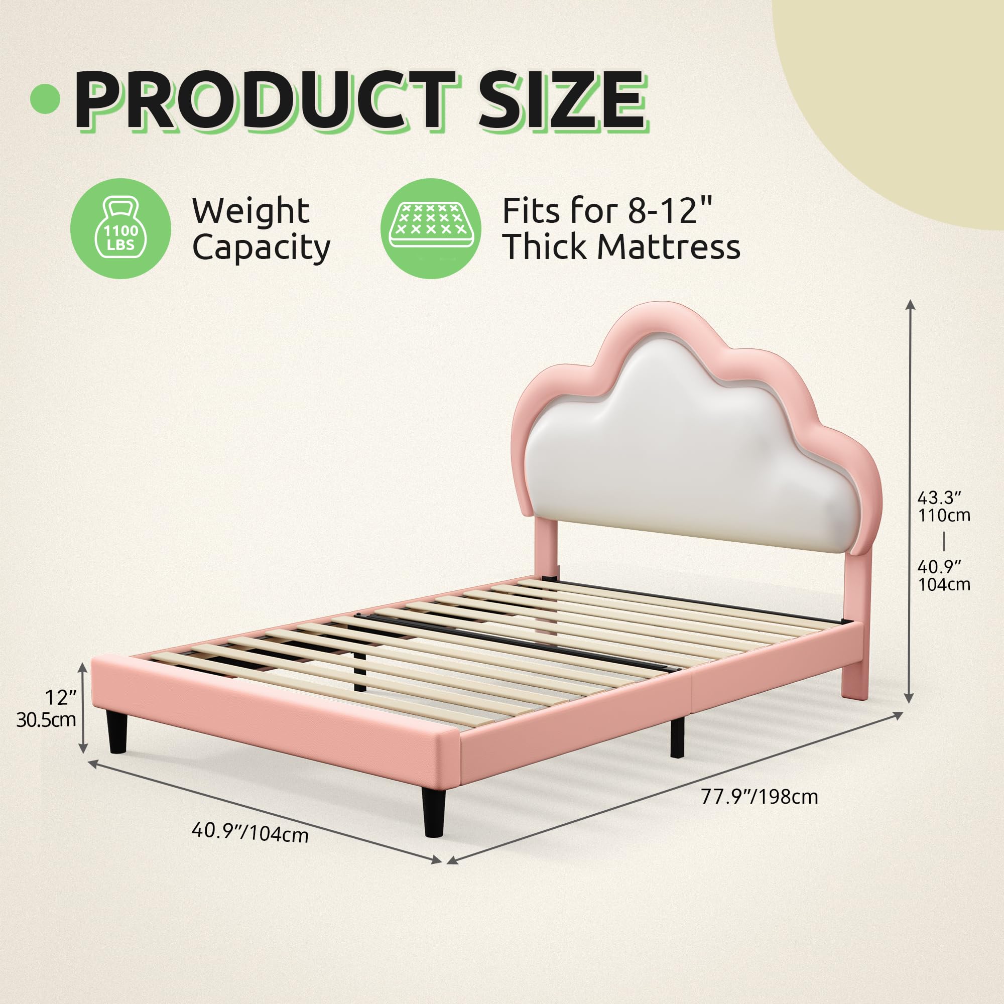 Twin LED Platform Bed with Cloud Headboard - Pink Upholstered