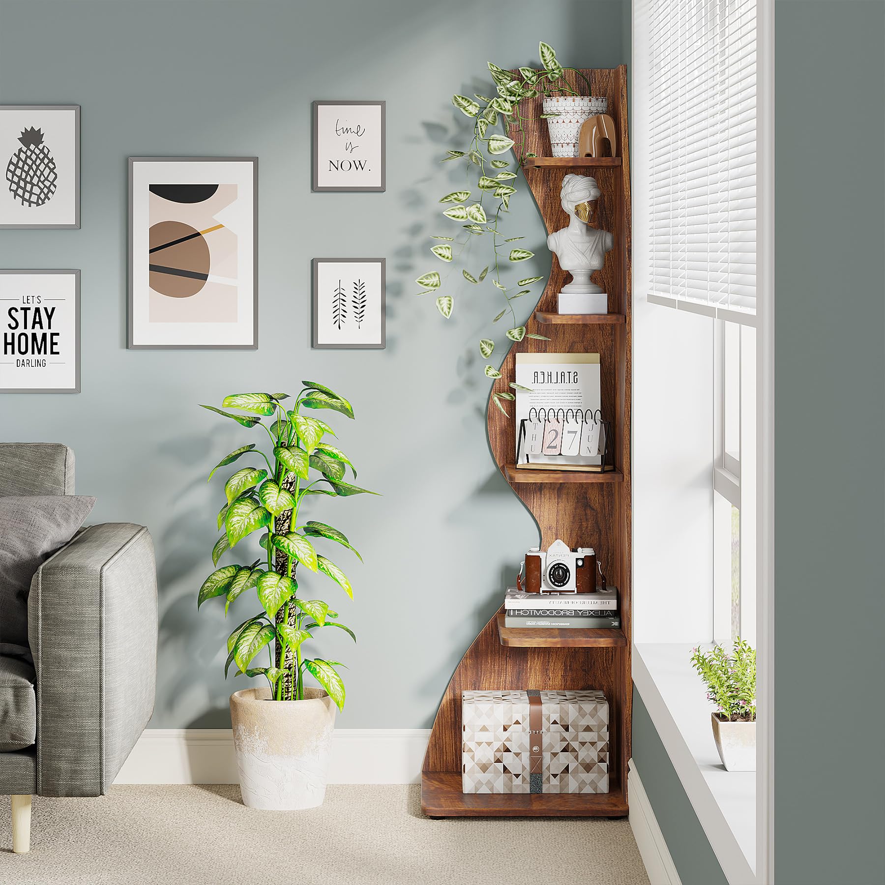 Corner Shelf, Rustic 5-Tier Wall Corner Bookshelf,