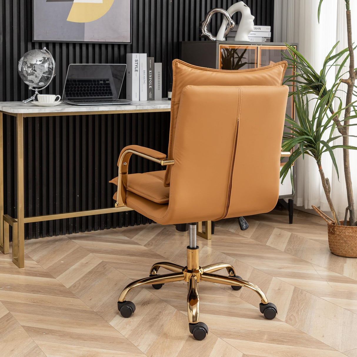 Leather Mid-Back Office Chair with Golden Legs - Camel