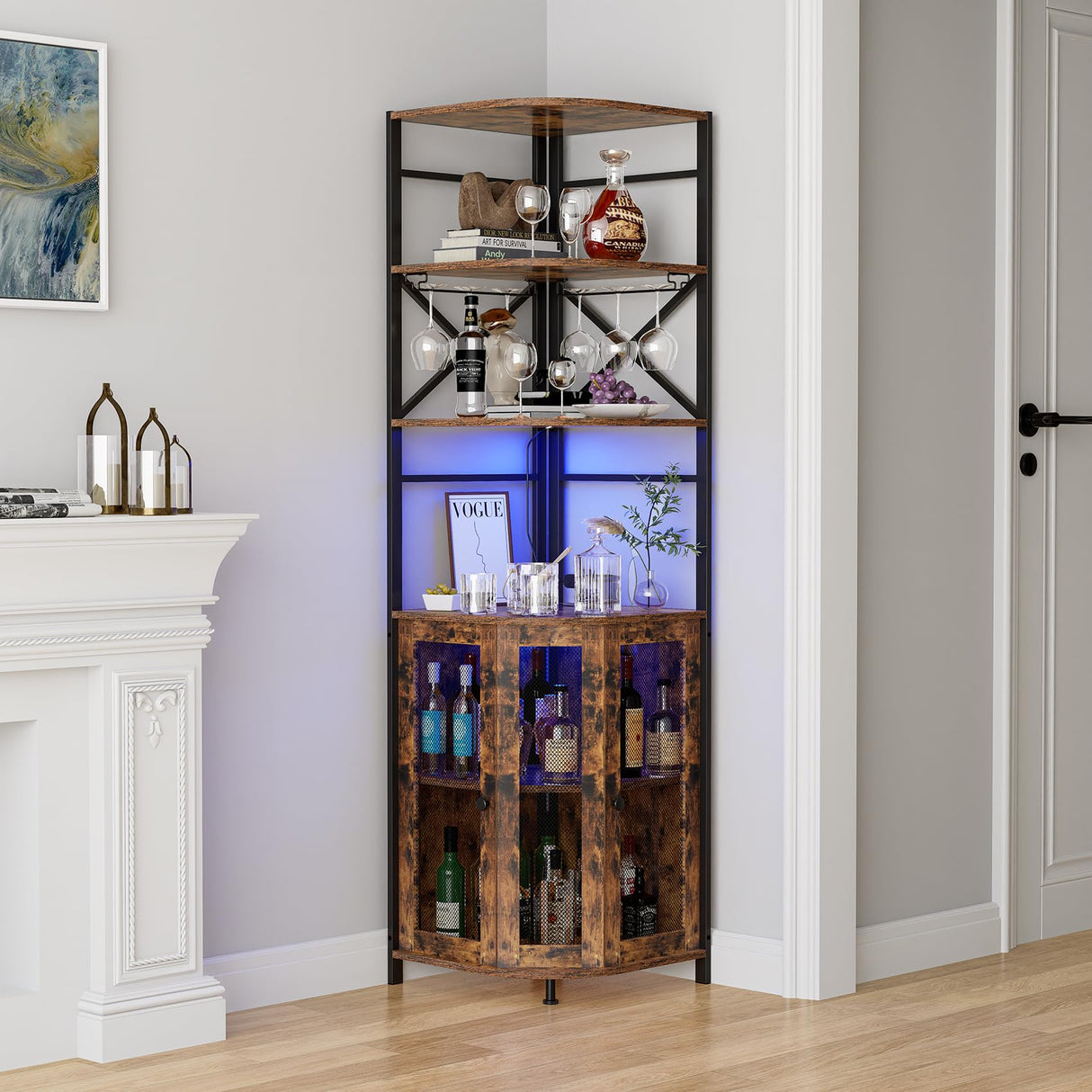 Wine Bar Cabinet with Power Outlet, 6-Tiers Industrial Wine Cabinet