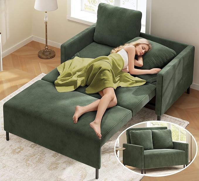 Corduroy Convertible Sofa Bed, 47" Loveseat Sleeper Sofa, Pull out Couch 618lbs Capacity