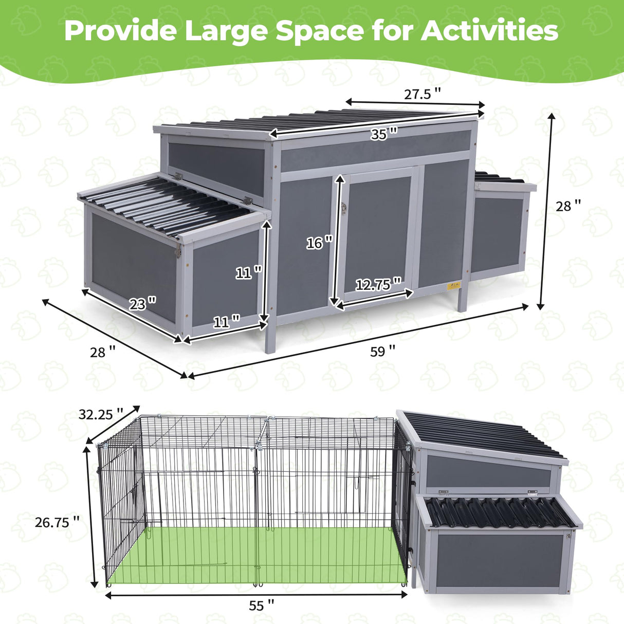 Wooden 56" Chicken Coop with 6 Nesting Boxes, Outdoor Chicken Cage Large