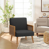 Accent Chair with Rattan Arms, Upholstered Mid Century Modern Chair for Bedroom Living Room Reading Chairs Rattan Armchair, Linen Comfy Lounge Chairs Side Chair, Black