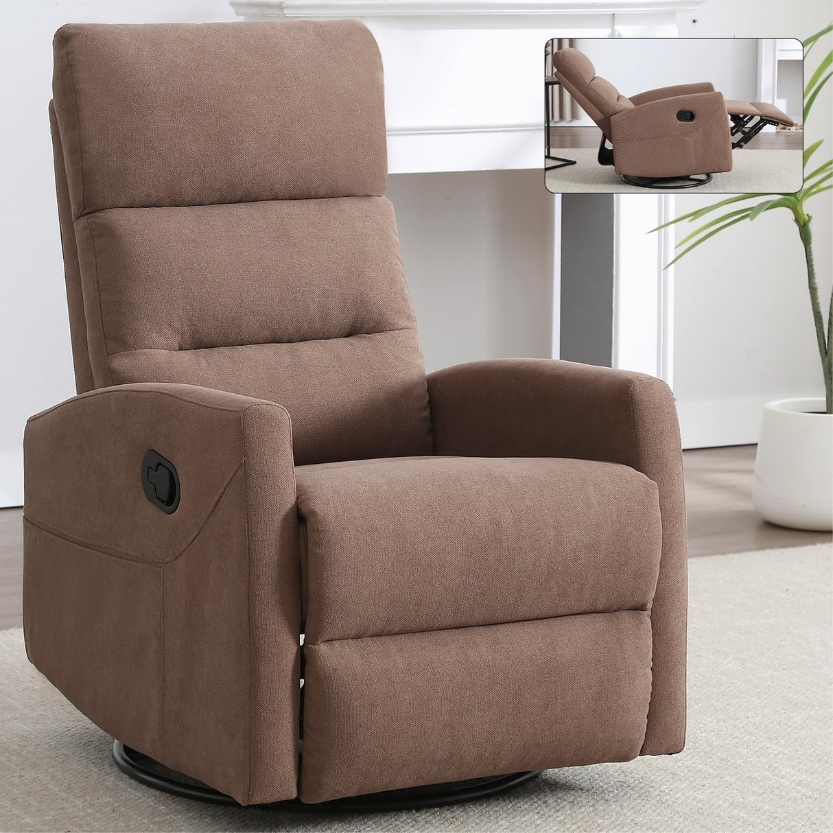 Chair, Fabric Rocking Swivel Glider Recliner Chair, Max Swivel Degree 360°, Heavy Duty Motion Mechanism with Side Pockets (Brown)