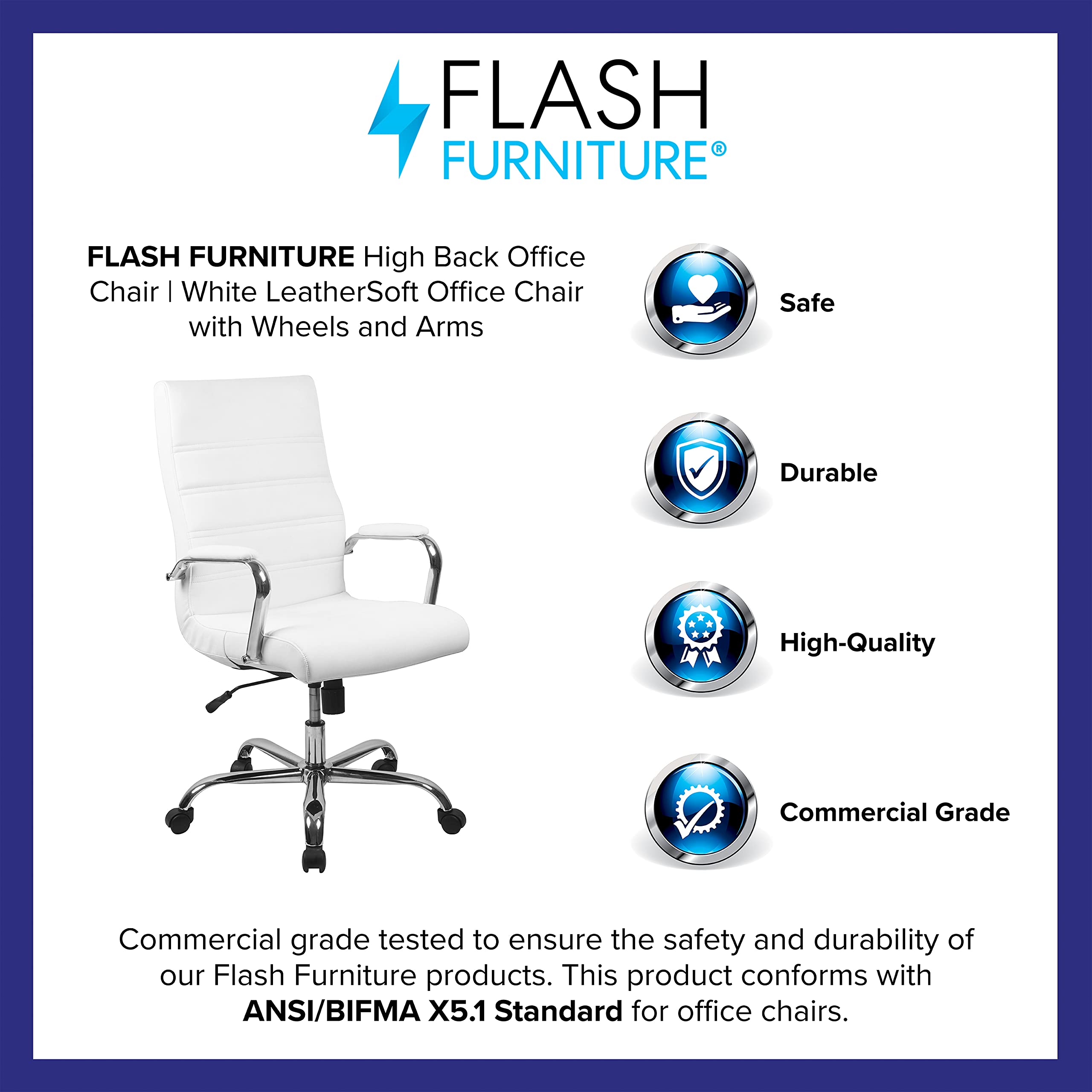 -Back Swivel LeatherSoft Desk Chair with Padded Seat and Armrests, Adjustable Height Padded Office Chair, White/Chrome