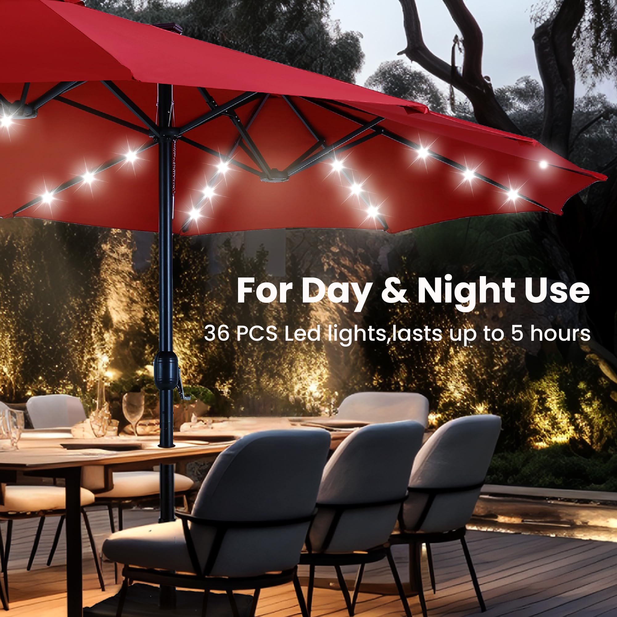15ft Large Patio Umbrellas with 36 LED Solar Lights, Double-Sided Outdoor Market