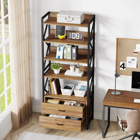 Bookshelf with Drawers, 70.8" Industrial Bookcase with 2 Drawers, 5 Shelf Open Shelf