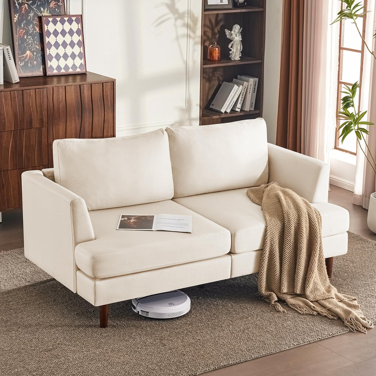 Loveseat Sofa 66" W, Deep Seat Sofa for Living Room, 2-Seat Mid Century Couch, Comfy Cloud Couch with Removable Upholstered Cushion Cover, Modern Sofa for Office, Apartment, Bedroom, Beige