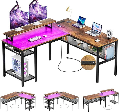 Reversible L Shaped Desk with Power Outlets and Smart LED Light, 55 Inch Computer Office Desk