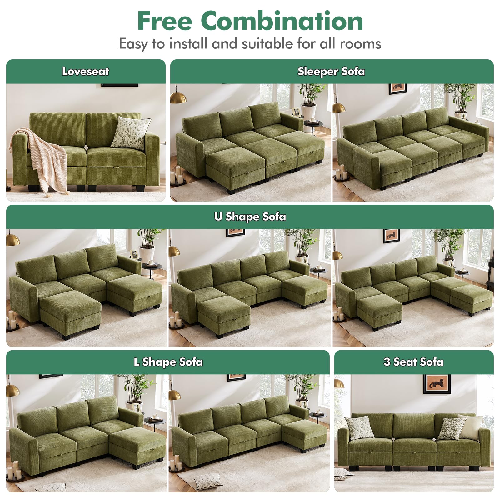 luxury Modular Sectional Sofa w/Storage Seat, 92" U Shaped Modular Couch