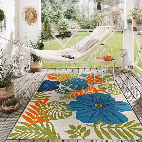 Pianosa Tropical Floral Leaves Non-Shedding Outdoor Rugs for Deck,Patio,