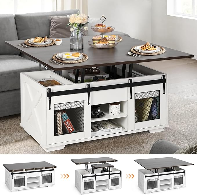 Lift Top Coffee Table, 3 in 1 Multi-Function Coffee Table with Storage & Sliding Barn Doors