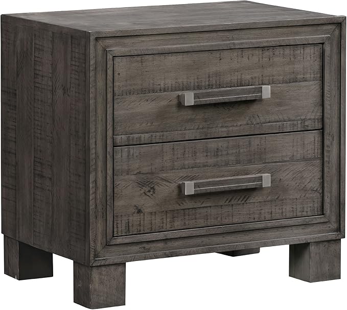 27 Inch Wil Pine Wood 2 Drawer Nightstand, Rustic, Rough Hewn, Gray