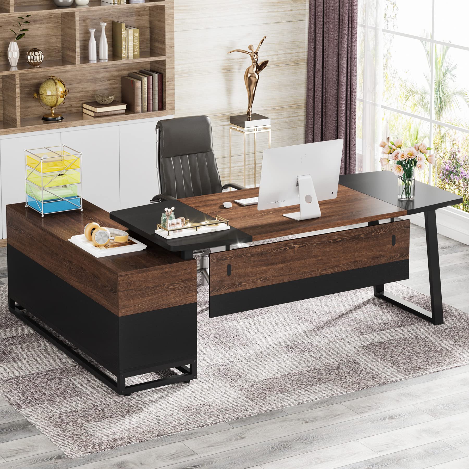 74.8” Executive Desk and 55” Lateral File Cabinet, Large L-Shaped Computer Desk