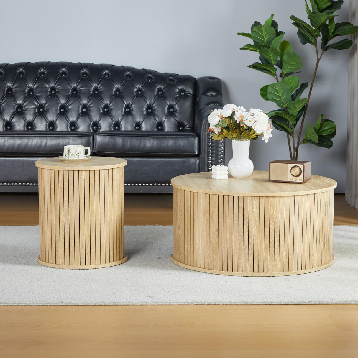 Coffee Table,Nesting Coffee Table Set of 2, Circle Side Table, Round Wooden Coffee Table