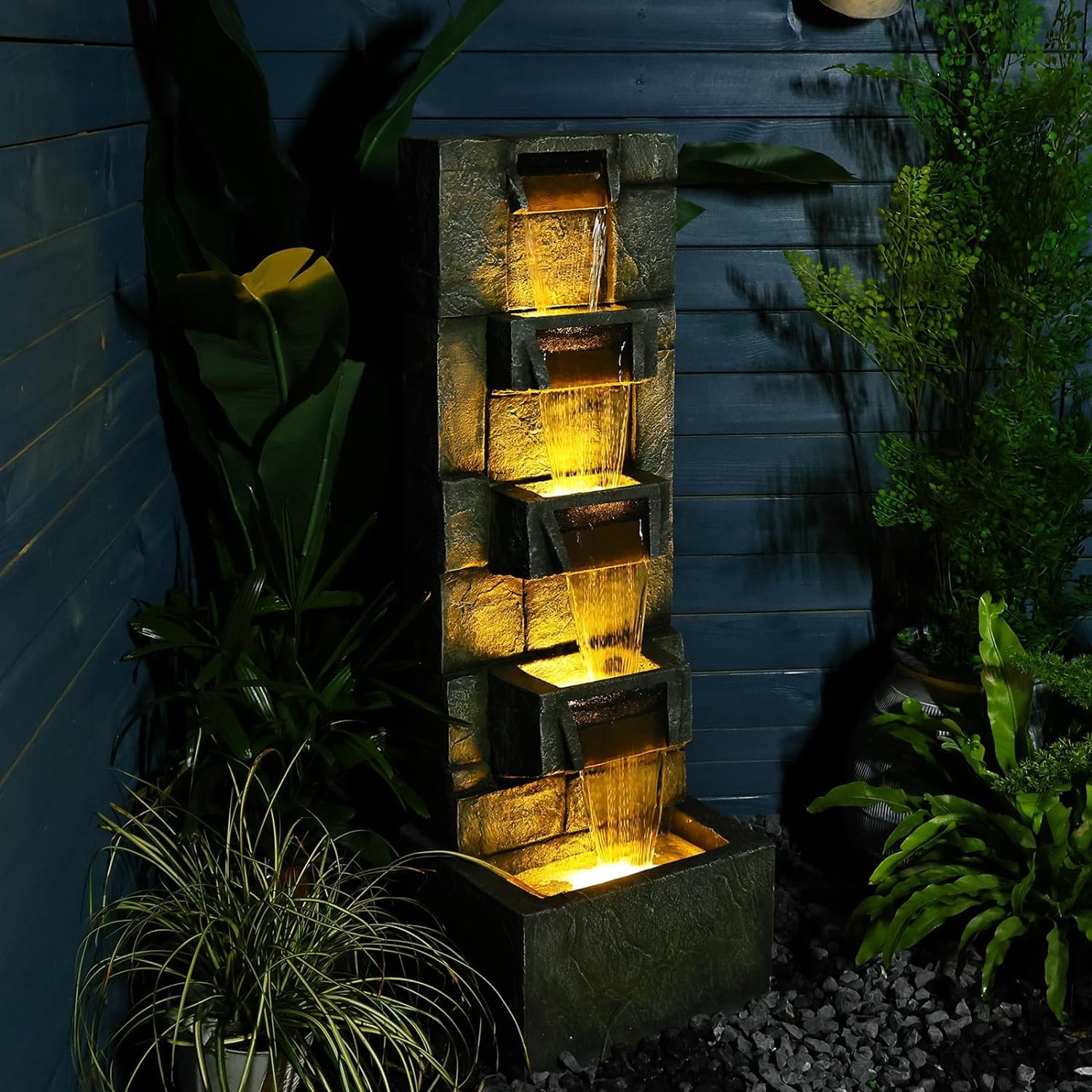 41" Tall Outdoor Water Fountain – Modern Cascading Waterfall with Lights, 4-Tier Outdoor