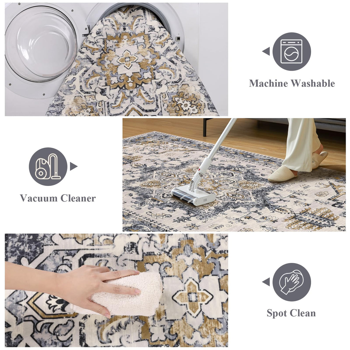 Washable Area Rug 6x9 - Non-Slip Boho Vintage Distressed Low Pile Carpet