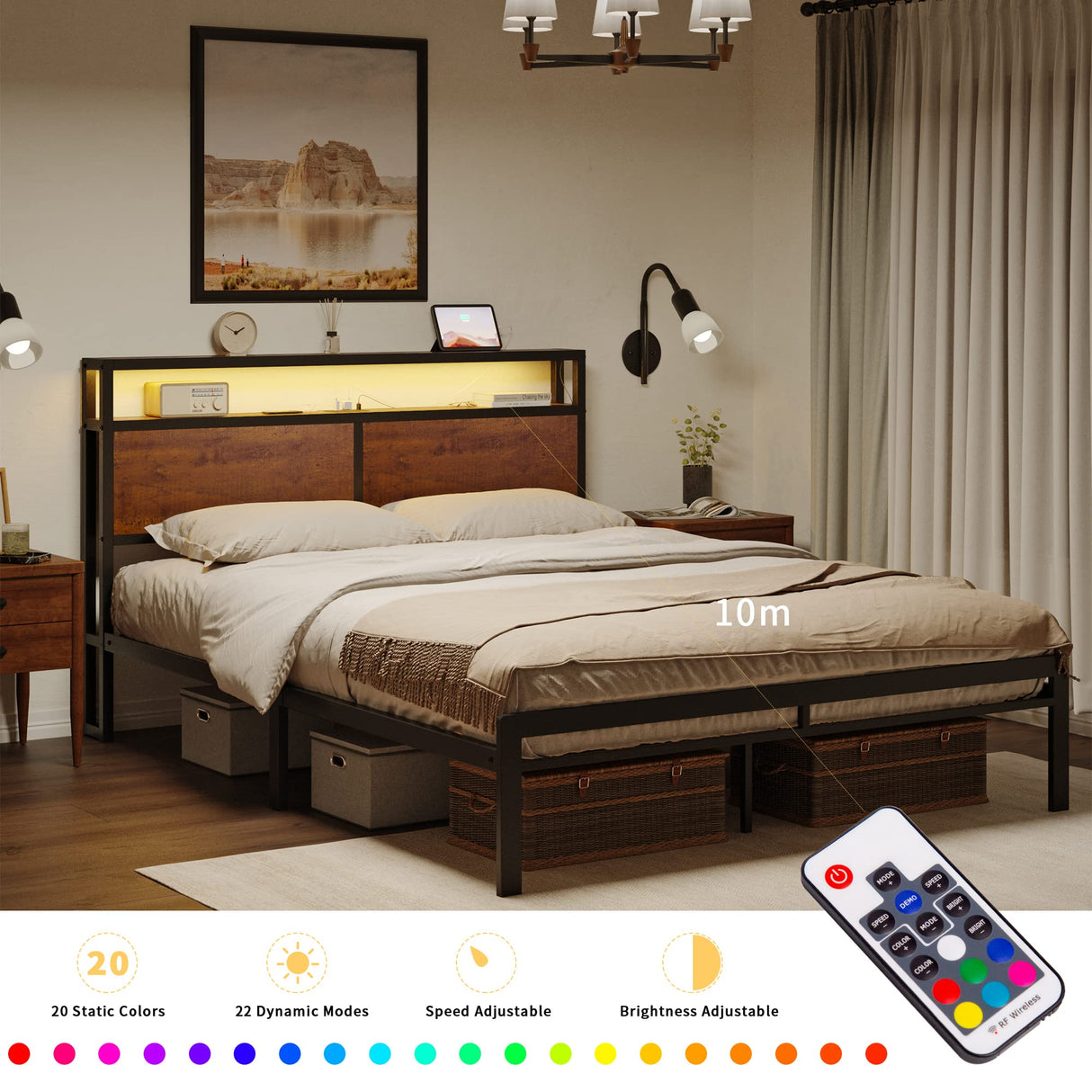 Full Bed Frame with Storage Headboard Metal Platform Bed with LED Lights USB Ports