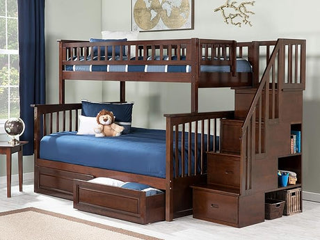 Columbia Full Over Full Size Staircase Bunk Bed with Raised Panel Bed Drawers in Walnut