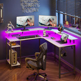 L Shaped Gaming Desk with LED Lights & Power Outlets, 56" Computer Desk