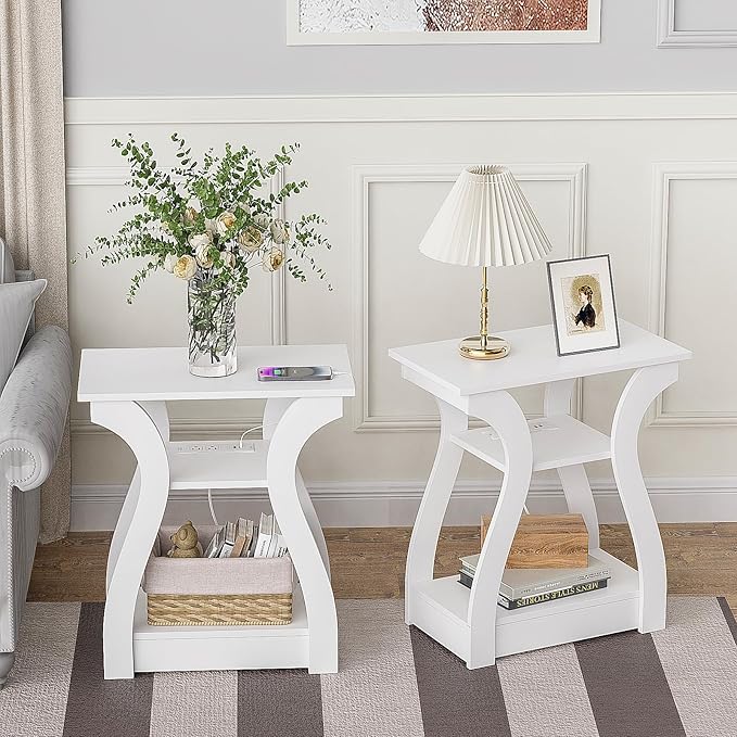 End Table with Charging Station, Side Table with USB Ports and Outlets, 3 Tier Nightstand