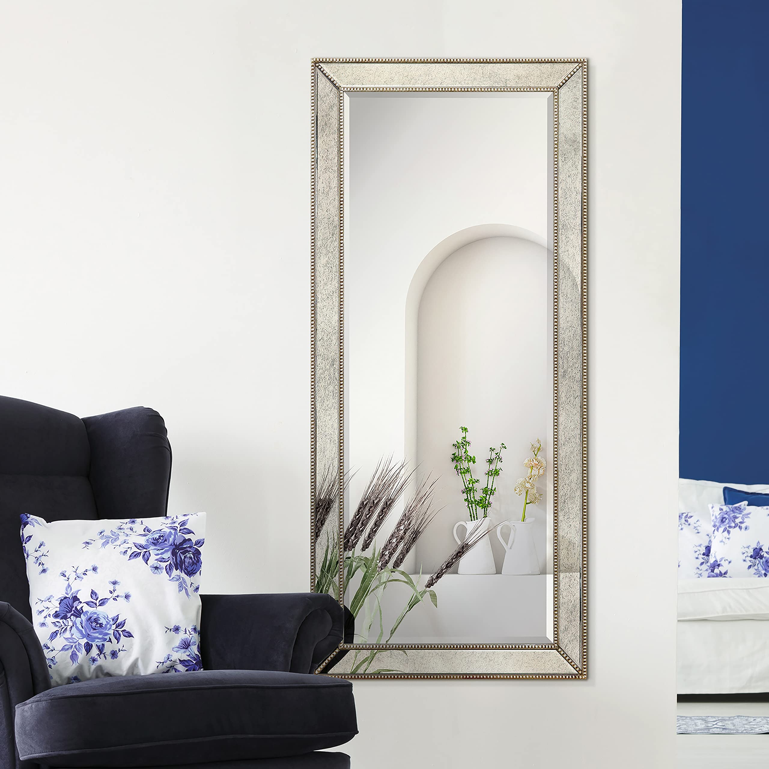 Solid Wood Frame Wall, Beveled Center Antique Mirror for Bathroom