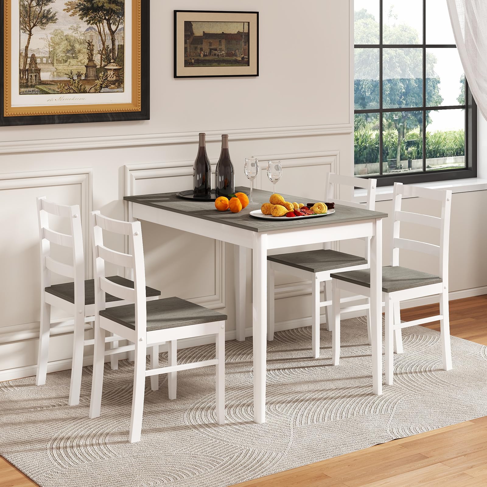 5-Piece Farmhouse Dining Set - Grey Wood Table & Chairs