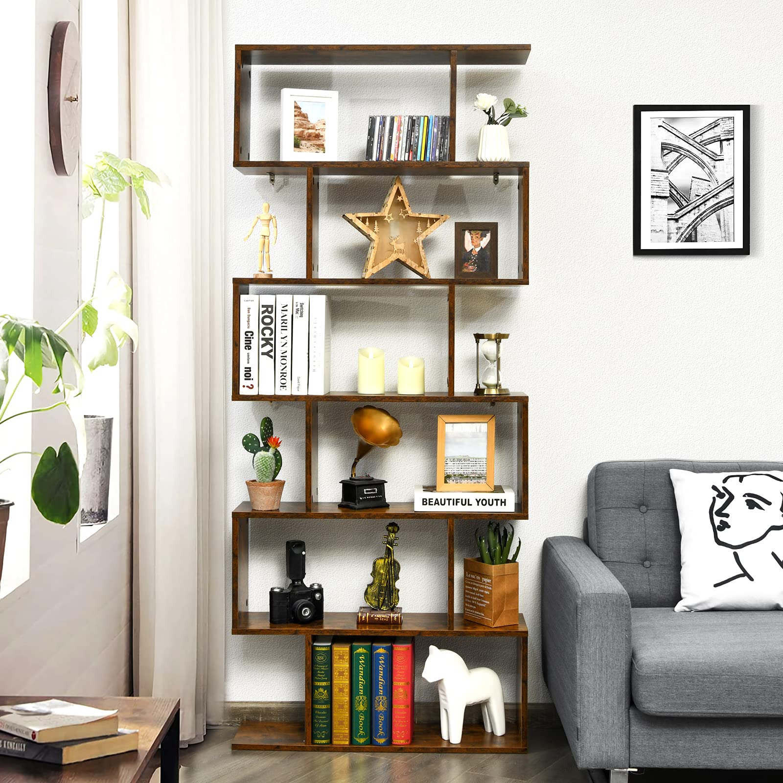 6 Tier S Shaped Bookshelf, 31.5''L x 9''W x 75''H, Wooden Bookcase and Bookshelves w/Anti-Toppling Device, Room Divider Display Shelves for Living Room, Home Decor, 6 Shelf Bookshelf