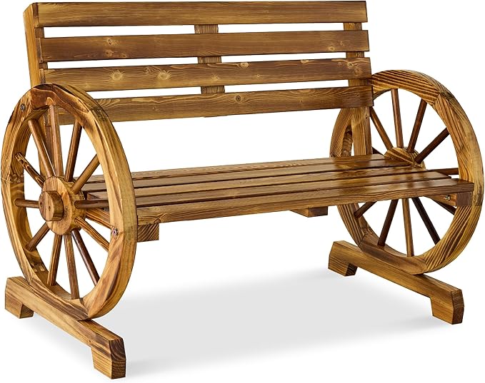 2-Person Wooden Wagon Wheel Bench for Backyard, Patio, Porch, Garden