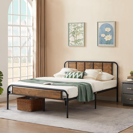 Full Size Metal Platform Bed Frame with Wooden Headboard,Sturdy Steel Slats Support