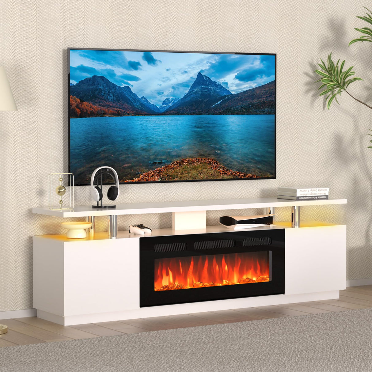 70 Inch Fireplace TV Stand with Storage - White Entertainment Center